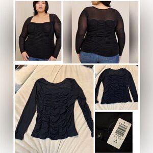 Torrid Black Ruched Top with Mesh Sleeves